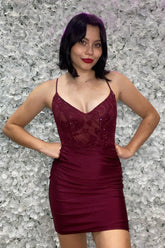 Misshow Sparkly Beaded Burgundy Spaghetti Straps Tight Short Homecoming Dress/Mini Dress